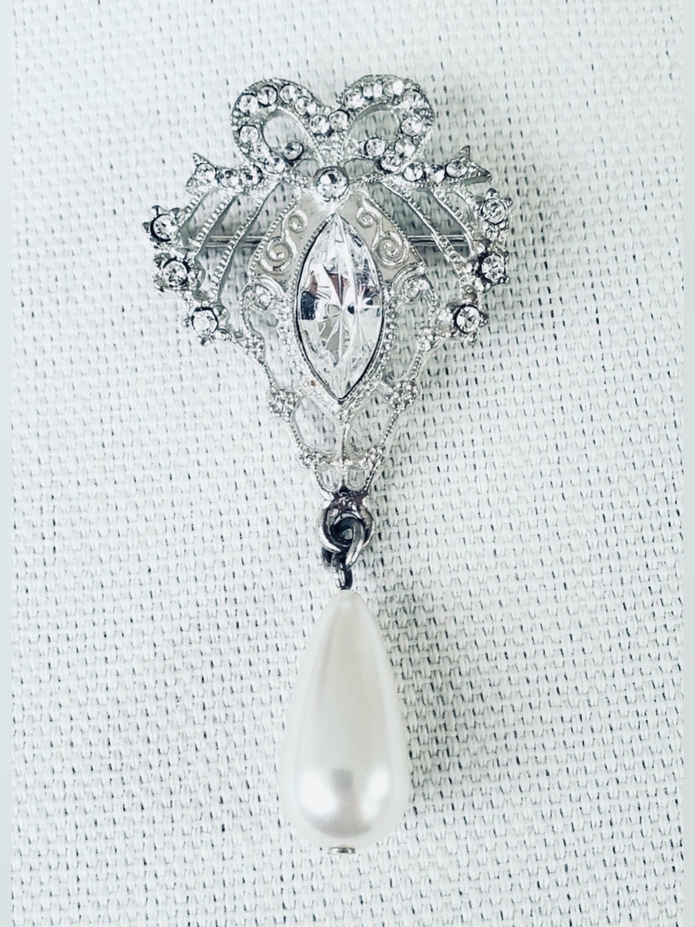 Brooch with Teardrop Faux Pearl, Scroll & Bow Designs with Rhinestones , NWOT